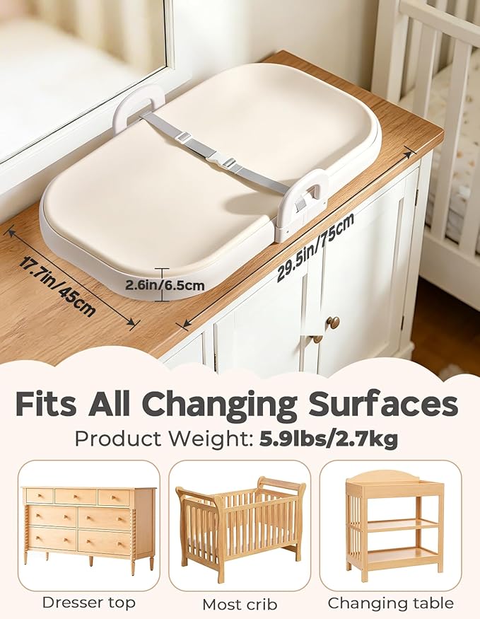 Xaproo Baby Changing Pad, Soft EVA Wipeable Diaper Changing Pad with Adjustable Crib Clips, Non-Slip Changing Table Pad with Safety Strap & Side Handles, Fits Cribs, Dressers & Changing Tables, Beige