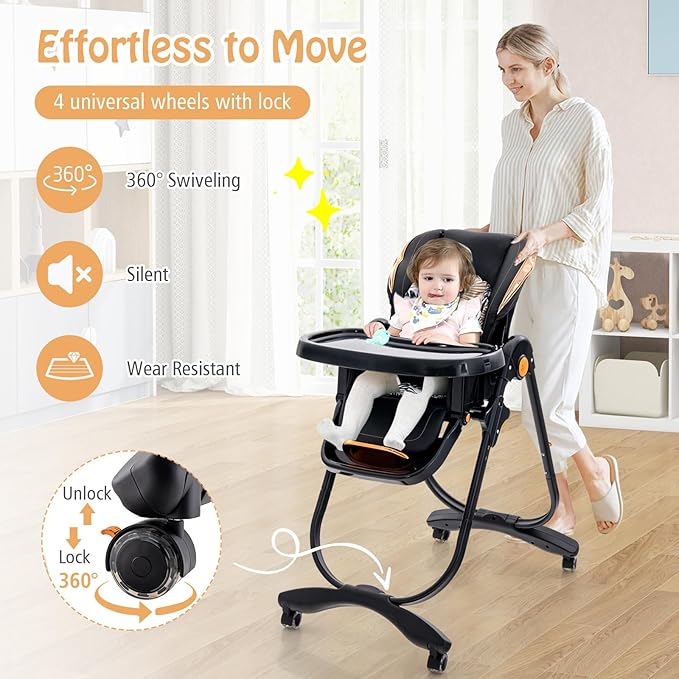 BABY JOY High Chair, Foldable Baby High Chair with Adjustable Height, Backrest & Footrest, Double Removable Tray, Portable Chair with Wheels for Babies & Toddlers of 6-36 Months (Black)