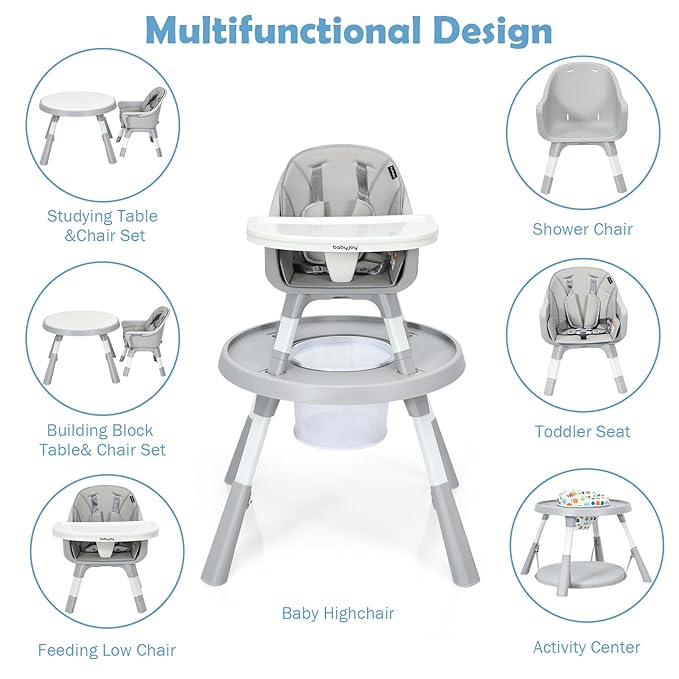 BABY JOY 7 in 1 Baby High Chair, Convertible High Chairs for Babies and Toddlers, Building Block Table, Toddler Chair with Adjustable Legs, Removable Tray, Storage Basket, Safety Harness (Gray)