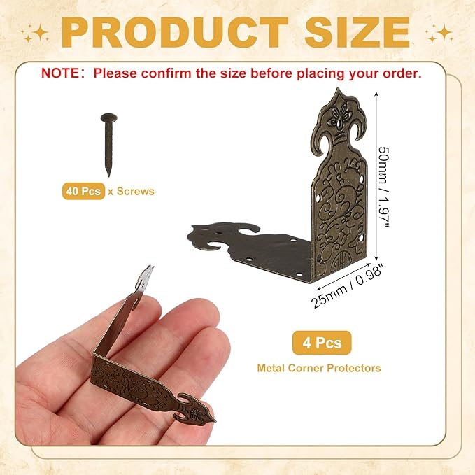 uxcell 4Pcs L Shaped Vintage Embossing Brass Decorative Corner 2 x 1 Inch Corner Protector with Mounting Nails Box Edge Guard Retro for Cabinets Furniture Decorative (Bronze)