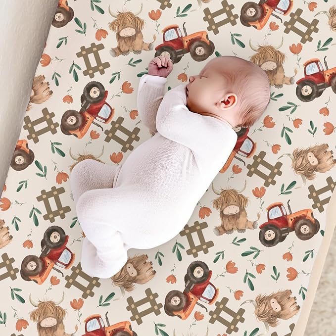 Cartoon Highland Cow Tractor Flowers Floral Leaves Pattern Baby Changing Pad Cover, Unisex Farm Animals Nursery Diaper Changing Table Pad Mat Sheet for Boys Girls-16x32