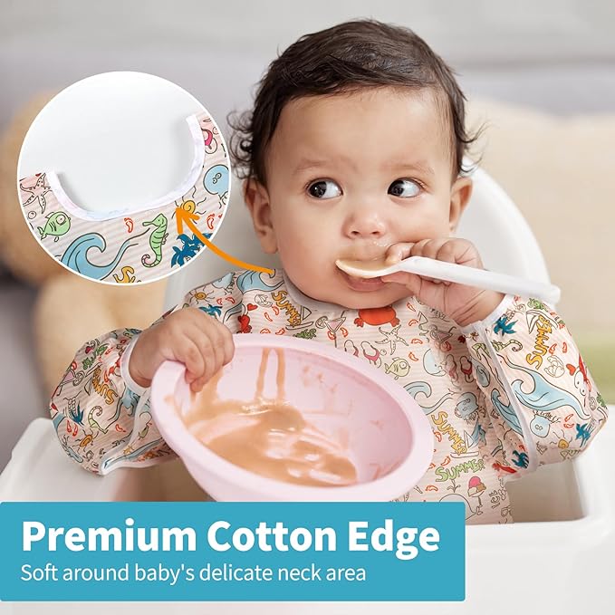 3 Pcs Long Sleeved Bib Set|Baby Waterproof Bibs with Pocket Bundle|Toddler Bib with Sleeves|Stain Resistance Smock 6-24 Month