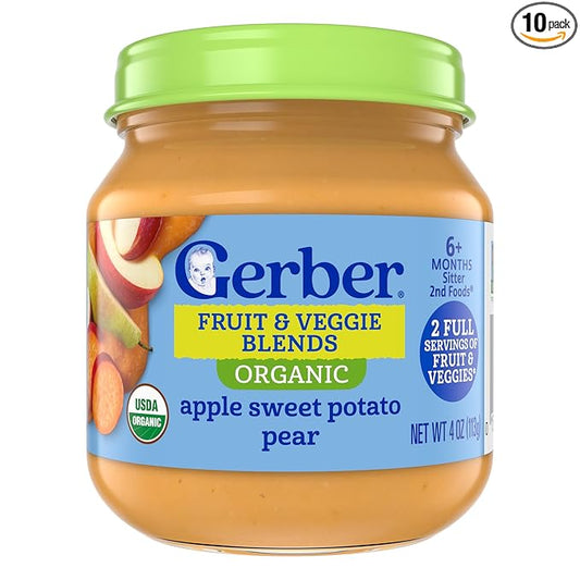 GERBER ORGANIC FOR BABY 2nd Foods Apple Sweet Potato Pear 10x4oz