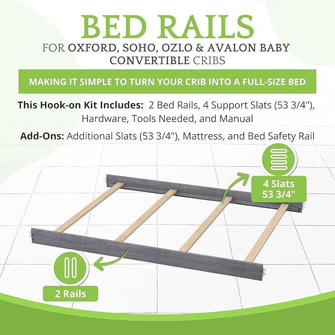 Full-Size Conversion Kit Bed Rails for Oxford, Soho, Ozlo & Avalon Baby Convertible Cribs - Solid Wood - Toddler and Adult Rail for Full-Size Bed - Nursery and Baby Furniture (Cloud Gray, Hook-On Kit)