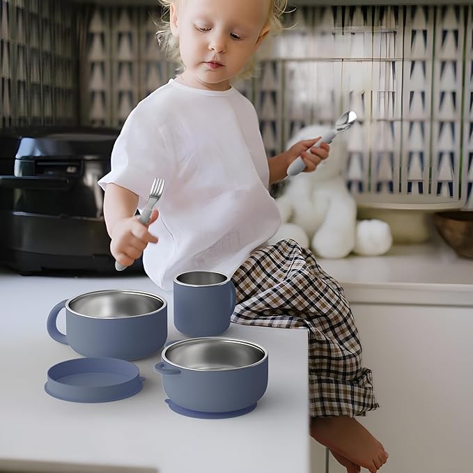 Bakpoco Kids Dinnerware Set - 6 Piese Toddler Plates and Suction Bowls Set with Kids Utensils&Cup, 2 IN 1 Stainless Steel & Silicone Baby Self Feeding Supplies, Navy