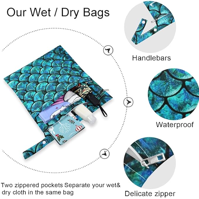 visesunny Blue Mermaid Scale 2Pcs Wet Bag with Zippered Pockets Washable Reusable Roomy for Travel,Beach,Pool,Daycare,Stroller,Diapers,Dirty Gym Clothes, Wet Swimsuits, Toiletries