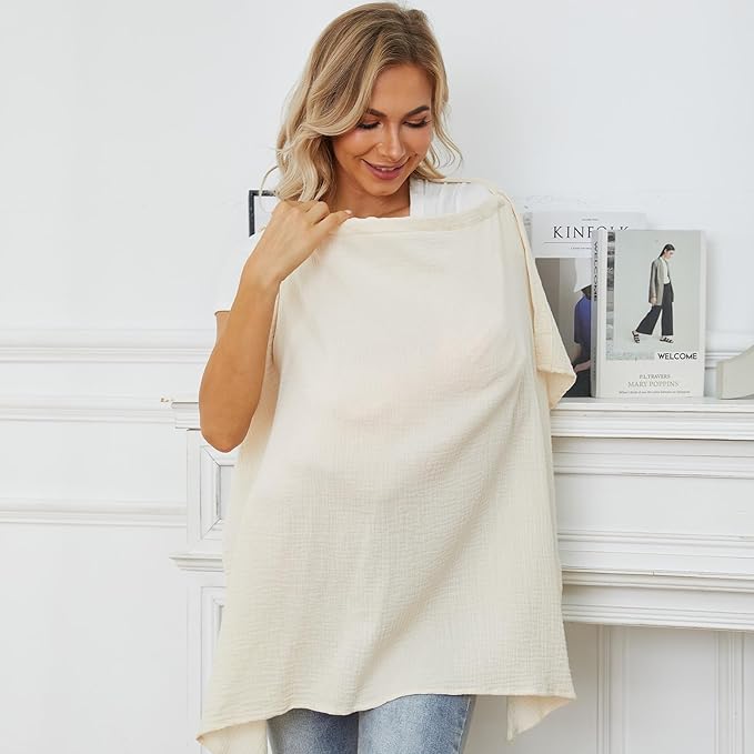 Muslin Nursing Cover for Baby Breastfeeding, Breathable Privacy Nursing Covers for Mom 100% Cotton Breastfeeding Cover with Rigid Hoop for Mother Nursing Apron (Beige)
