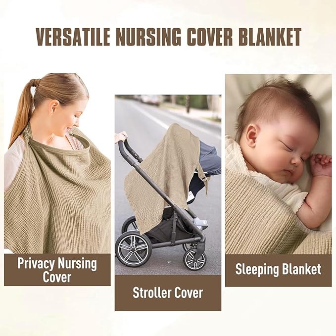 Cinaci 2 Pack Pure Cotton Muslin Lightweight Breathable Breastfeeding Nursing Cover Blankets with Adjustable Metal Clasp (Camel+Khaki)