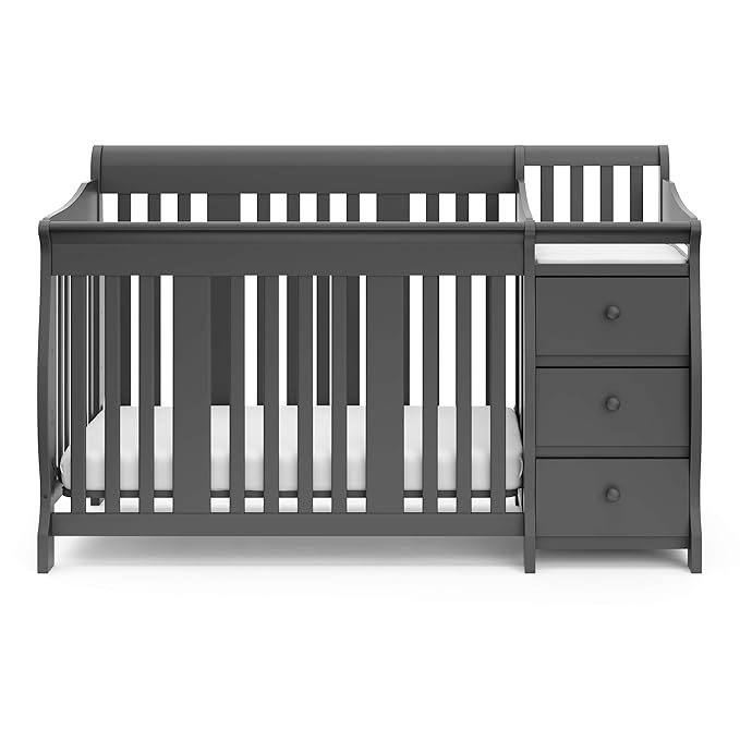 Storkcraft Portofino 5-in-1 Convertible Crib and Changer – Crib and Changing Table Combo with Drawer, Converts to Toddler Bed, Daybed and Full-Size Bed, Storage Drawer (Gray)