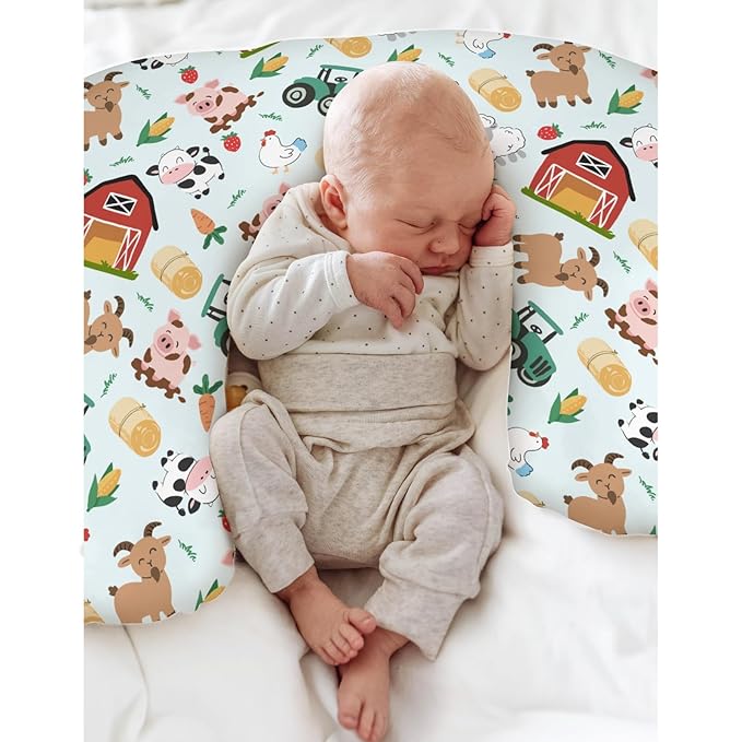 Colorful Farm Animals Baby Nursing Pillow Covers for Boy Girl Pig Cow Goat Chick Barn Tractor Nursery Feeding Pillowcase for Breastfeeding Pillows Farm Life Soft Stretchy Slipcovers for Newborn Infant