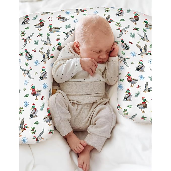 Christmas Mallard Ducks Baby Nursing Pillow Covers for Boy Girl Wild Ducks Cherry Fir Leaves Nursing Pillowcase for Breastfeeding Pillows Winter Hunting Duck Soft Stretchy Slipcovers for Newborn