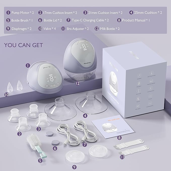 Hands Free Breast Pump:Wearable Breast Pump Portable with 3 Modes/9 Levels/LED Display - Low Noise,for 25/21/17mm Silicone Cushion Insert,2 Count