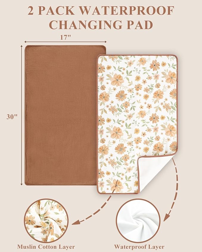 Waterproof Portable Changing Pad 2 Pack, Muslin Cotton Baby Changing Mat Comfortable & Breathable, Foldable Diaper Changing Pad for Travel, Machine Washable, Flower & Brown