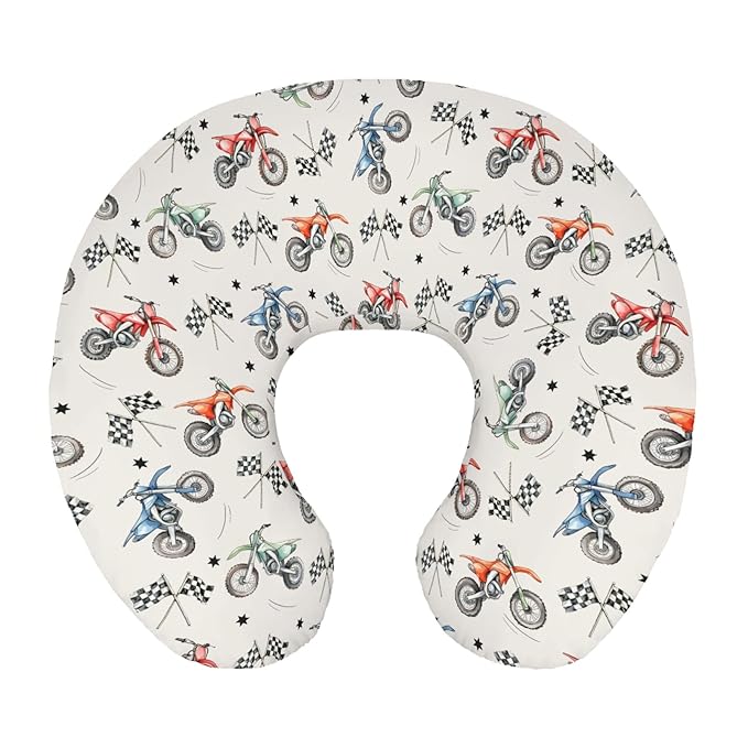 Vintage Motor Dirt Bike Nursing Pillow Cover Ultra-Soft Comfortable for Baby Girls Boys Cute Race Bikes Plaid Checker Flag Stars Breastfeeding Pillow Slipcovers for Standard Nursing Pillows