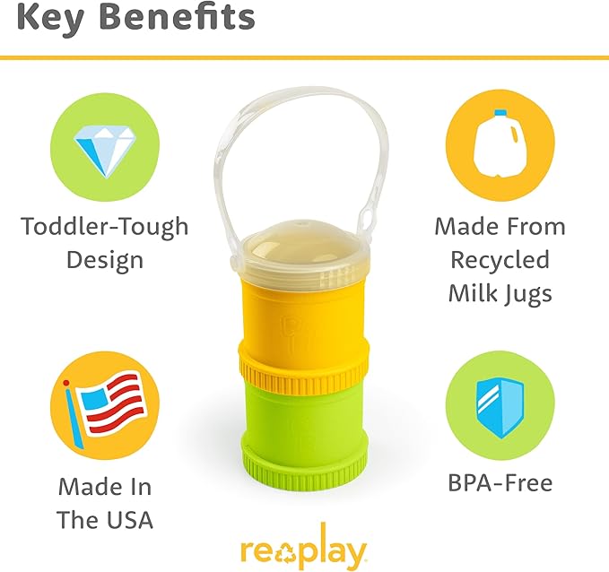 Re-Play Snack Stack Toddler Containers, 2 Sets - Stackable Cups with Travel Lid & Strap for On-the-Go, BPA-Free, Made in USA, Sunny/Lime