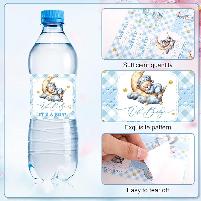 NQEUEPN 50pcs Baby Shower Water Bottle Labels, Waterproof Decorative Water Bottle Labels Personalized Water Bottle Wrap Stickers for Baby Shower Party Decorations (Boys Style 1)