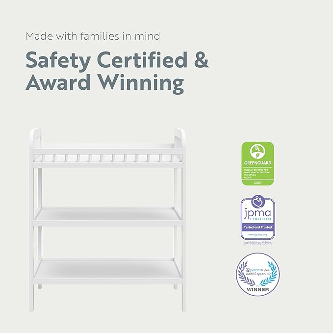 Storkcraft Pasadena Changing Table with Water-Resistant Changing Pad (White) - GREENGUARD Gold Certified, Includes Bonus Water-Resistant Changing Pad with Safety Strap, 2 Open Shelves