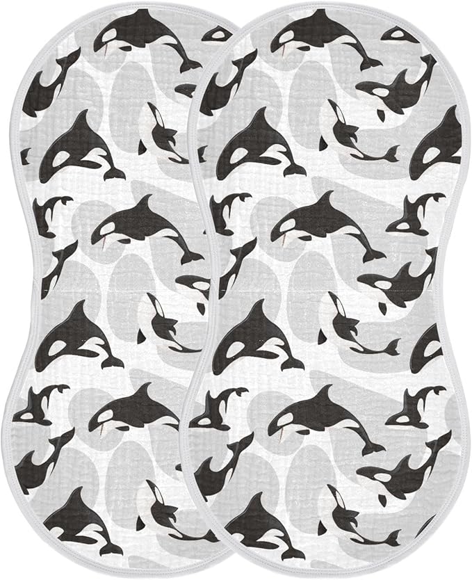 Muslin Burp Cloths for Baby Boys and Girls - 4-Pack Ultra Absorbent Killer Whale Orca Muslin Washcloths, Newborn Towel, Milk Spit Up Rags, Burp Cloth Bib for Unisex, 22 x 11 Inch