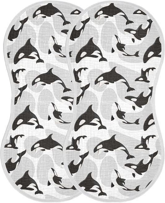 Muslin Burp Cloths for Baby Boys and Girls - 2-Pack Ultra Absorbent Killer Whale Orca Muslin Washcloths, Newborn Towel, Milk Spit Up Rags, Burp Cloth Bibs for Unisex, 22 x 11 Inch