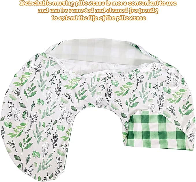 Winmany Baby Nursing Pillow Cover Infant Removable Breastfeeding Pillow Cover Cute Pattern Newborn Nursing Pillowcase Slipcovers Cushion Cover for Girls Boys 22.5 x 18 (Green Leaves)