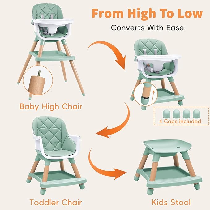 Babyliebe Baby High Chair, 8 in 1 Convertible Wooden High Chair for Babies and Toddlers, Converts to Booster Seat, Toddler Chair & Stool, with Removable Double Tray, Adjustable Legs & Footrest (Green)