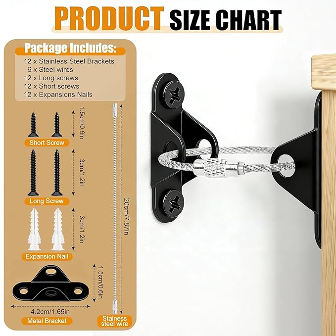 6-Pack Furniture Anchors for Baby Proofing, Anti Tip Straps Safety Kit to Prevent Dresser, Bookshelf, Cabinet from Tipping Over for Child & Pet Safety (Black)