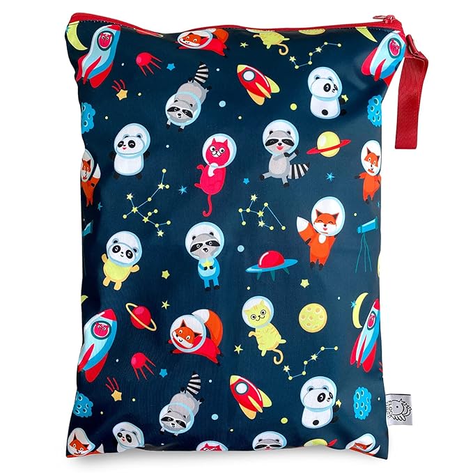 FLOCK THREE Washable and Reusable Wet Bag Diaper Bag Water Resistant Swimming Bag Travel Toiletries Pouch Cute Animal Zippered 12.6'' x 16.5''