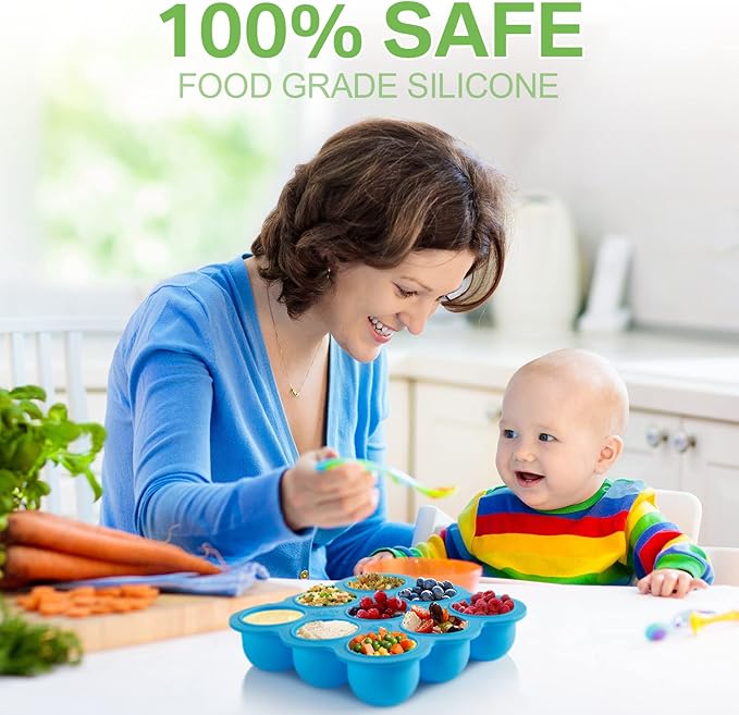 CHENGU 4 Pack Baby Food Storage Containers 9 Cup Silicone Baby Food Freezer Tray with Lid Stackable Reusable Freezer Storage Tray for Ice Breast Milk Homemade Food Vegetable (Blue, Purple, Green)