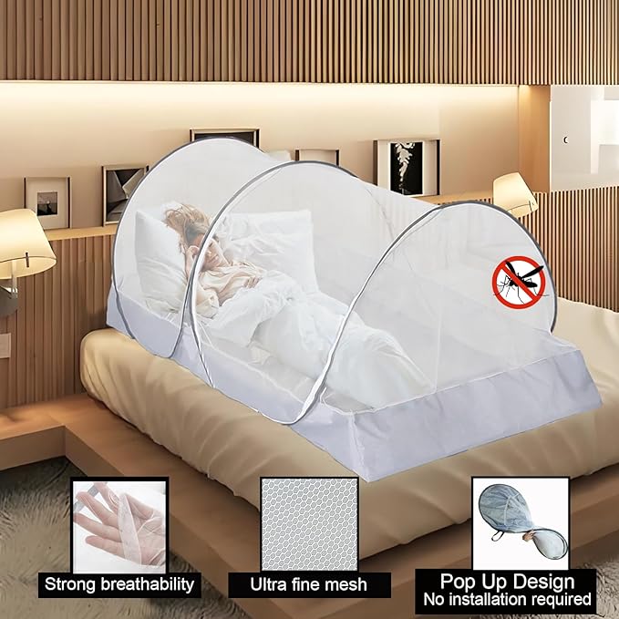 CMINGJ Foldable Mosquito Net Tent Portable Mosquito Net Pop-Up Travel Mosquito Net for Bed Free Installation-Suitable for Baby Adults Bedroom, Camping, nap, Patio (Large-Side Zipper(White net))