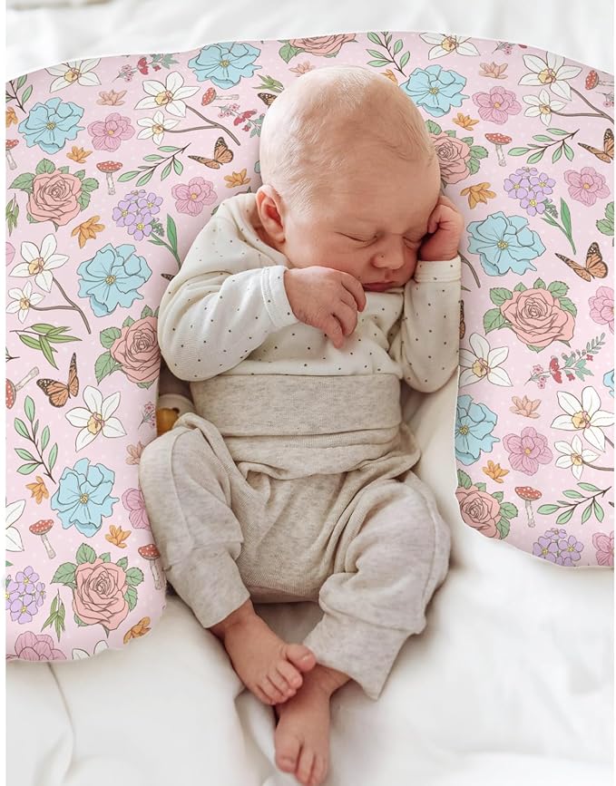 Vintage Wildflowers Baby Nursing Pillow Covers for Boy Girl Pink Floral Leaves Mushroom Butterflies Nursery Pillowcase for Breastfeeding Pillows Spring Garden Soft Stretchy Slipcovers for Newborn