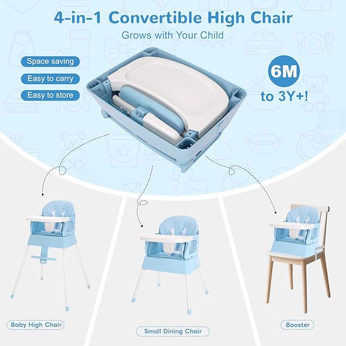 4 in 1 Portable Baby Highchair Convertible High Chair for 6-36 Months Babies and Toddlers, Foldable Carry Small Box, High Chair, Infant Booster Seat, Dining Chair, Easy to Carry and Store (Blue)