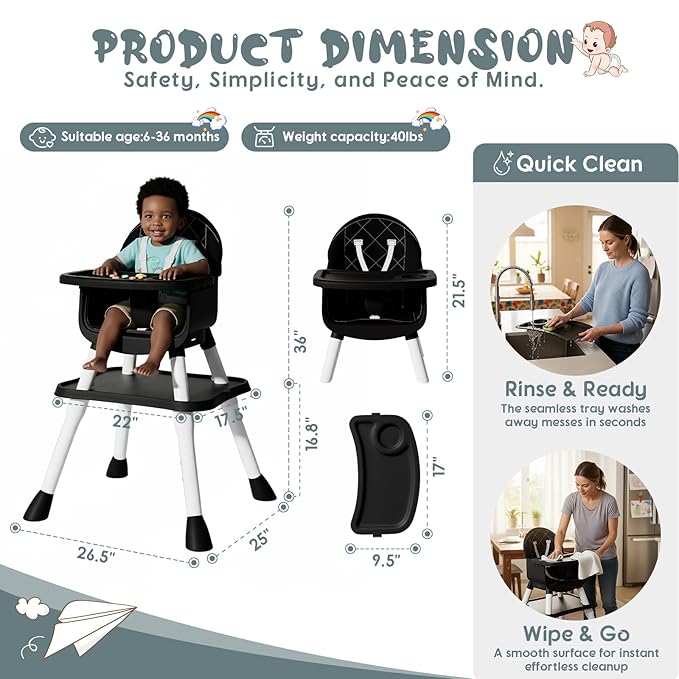 UNISWAN 6 in 1 Baby High Chair, Convertible Highchair for Babies and Toddlers (Black)