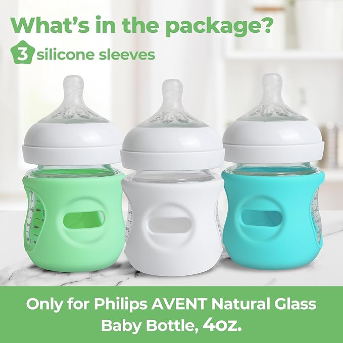3 Pack Silicone Sleeves for Philips Avent Natural Glass Baby Bottles, Food Grade Silicone Anti Breakage Baby Bottles Holder, Compatible with Philips Avent Glass Natural Baby Bottle 4oz