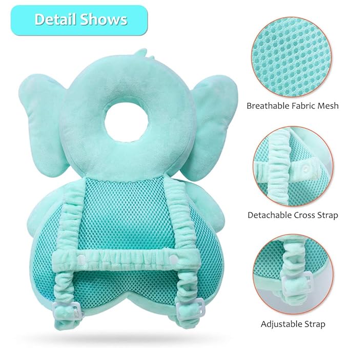 Baby Head Protector & Knee Pads for Crawling, Toddlers Head Safety Pad Adjustable Backpack, Baby Back Protection for Walking & Crawling, Cute Elephant