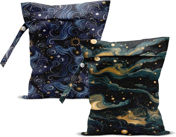 ZHAMEN 2Pcs Wet Bag, Wet Dry Bag Reusable with Zipper, Travel, Beach, Pool, Diapers, Dirty Yoga Gym Clothes, Makeup Bag, Waterproof Wetdry Packing, Gold Night Sky Decore (12x10 Inch)