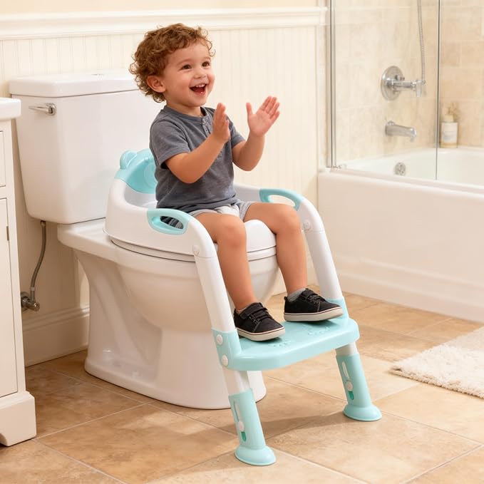 Potty Training Seat with Step Stool Ladder, SKYROKU Potty Training Toilet for Kids Boys Girls Toddlers - Comfortable Safe Potty Seat with Anti-Slip Pads Ladder（8838 Blue）