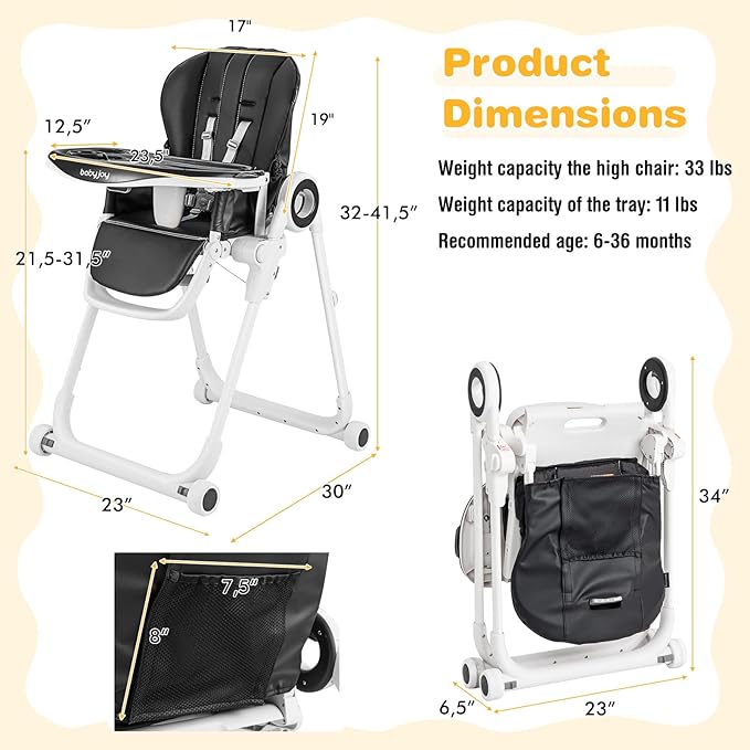 BABY JOY High Chair for Babies & Toddlers, Foldable Highchair with Adjustable Backrest/Footrest/Seat Height, Double Removable Trays, Detachable Seat Cushion, 4 Lockable Wheels (Black)