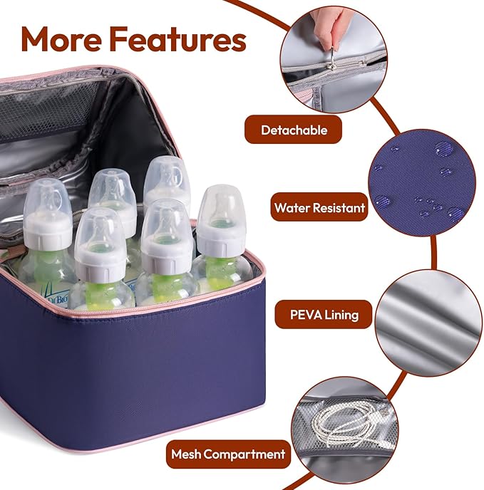 NCVI Breastmilk Cooler Bag with 2 Ice Pack, Breast Pump Bag with Cooler Fits 6 Bottles, Double Layer Breast Milk Baby Bottle Cooler Bag, for Travel, Nursing Mom Daycare, Work, Picnic (Purple)