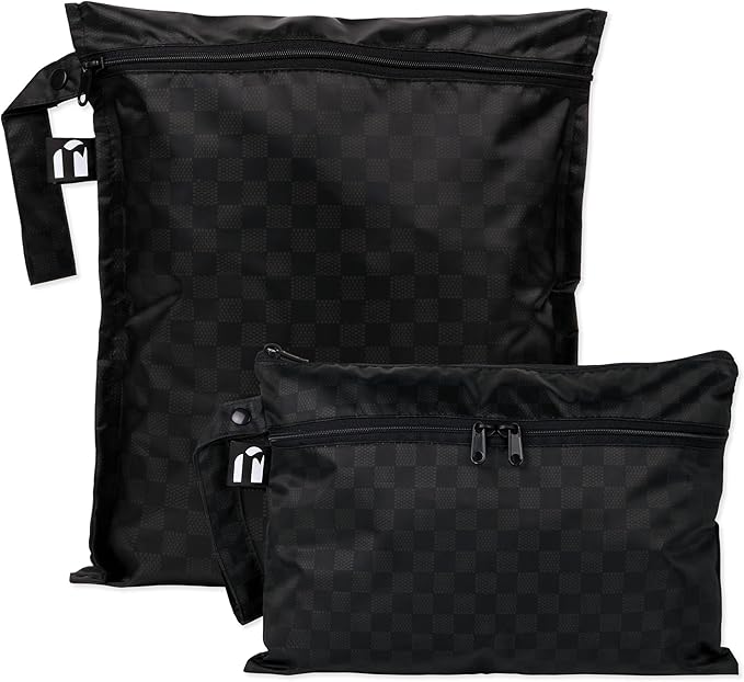 Bumkins - Waterproof Wet Bag & Wet/Dry Clutch Bags - For Beach, Baby, Travel, Swim Suit, Cloth Diapers, Pump Parts, Pool, Gym, Toiletries - Reusable & Easy to Clean - Black Check - 2 Pack