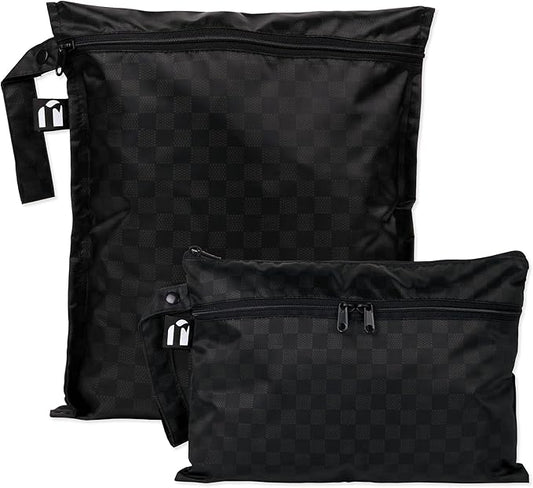 Bumkins - Waterproof Wet Bag & Wet/Dry Clutch Bags - For Beach, Baby, Travel, Swim Suit, Cloth Diapers, Pump Parts, Pool, Gym, Toiletries - Reusable & Easy to Clean - Black Check - 2 Pack