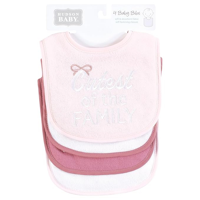 Hudson Baby Infant Girl Cotton Terry Drooler Bibs with Fiber Filling, Cutest Family, One Size