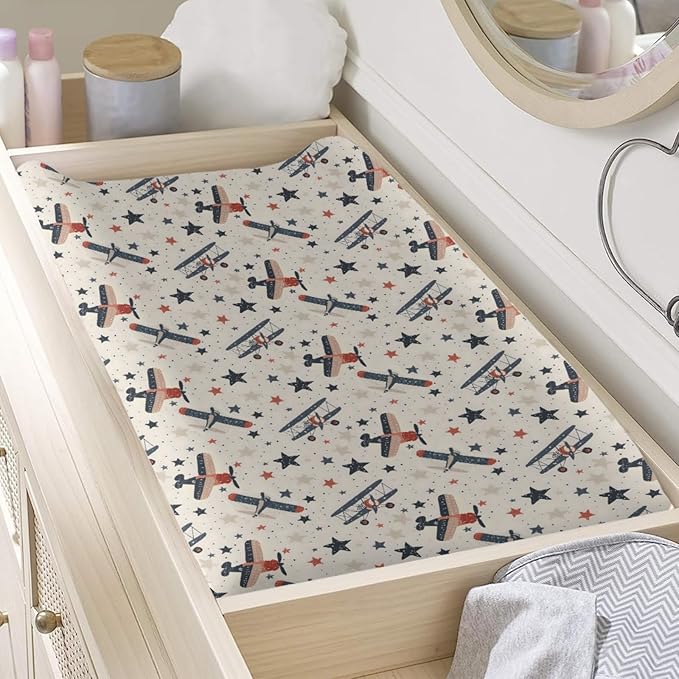 Vintage Plane Stars Clouds Pattern Baby Changing Pad Cover, Unisex Plane Aircraft Theme Nursery Diaper Changing Table Pad Mat Sheet for Boys Girls-16x32