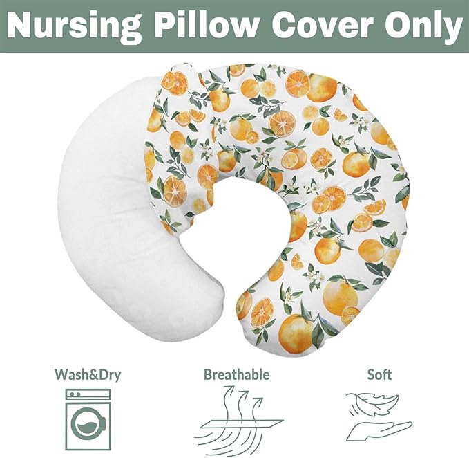 Watercolor Oranges Baby Nursing Pillow Covers for Boy Girl Orange Flowers Leaves Nursery Slipcovers for Breastfeeding Pillows Tropical Summer Citrus Fruits Soft Stretchy Covers for Newborn Infant