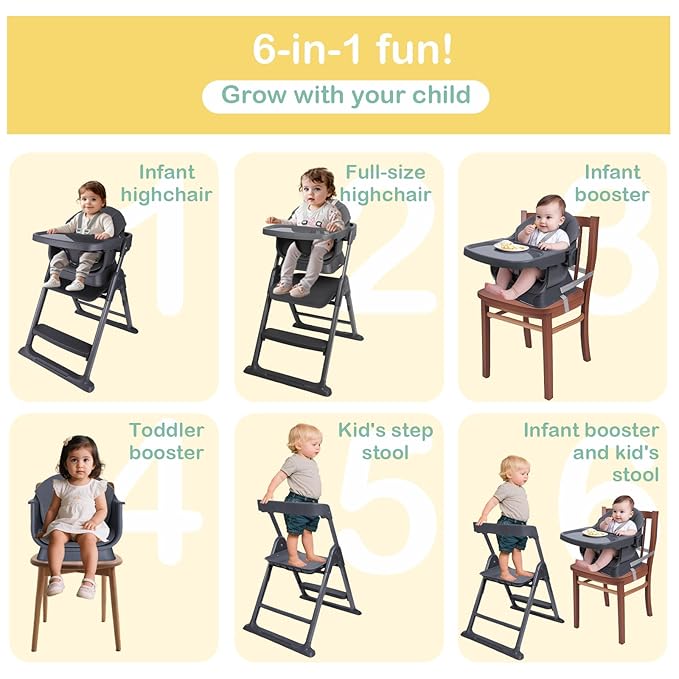 6 in 1 Convertible Baby HighChairs & Step Stool, Foldable High Chairs for Babies and Toddlers, Portable Booster Seat for Dining, Folding Toddler Tower for Kitchen