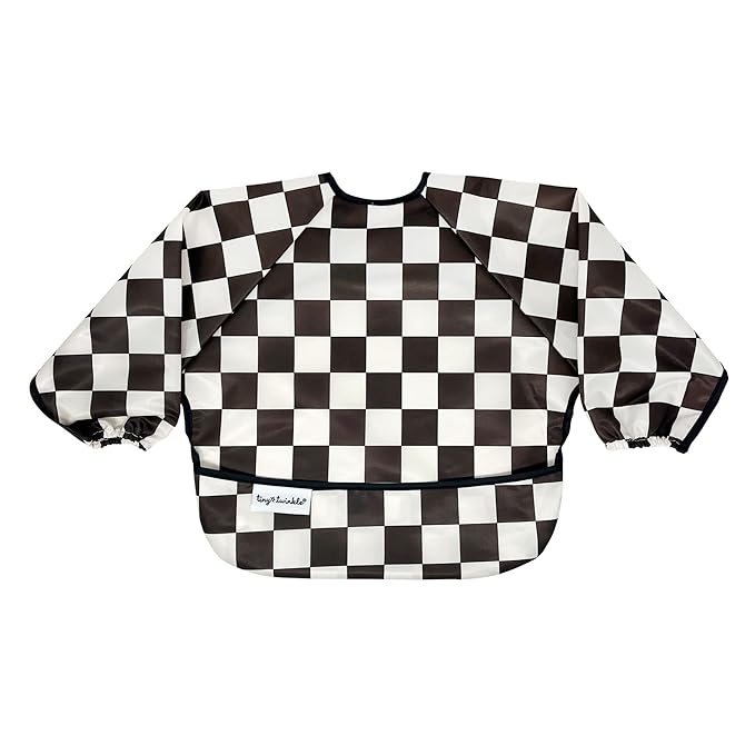 Tiny Twinkle Long Sleeve Bib for Babies & Toddlers | Waterproof Smock Bib for Eating | Machine Washable & Mess-Proof Feeding Essentials | Newborn Shower Gift (Checkers Black, 2-4Y)