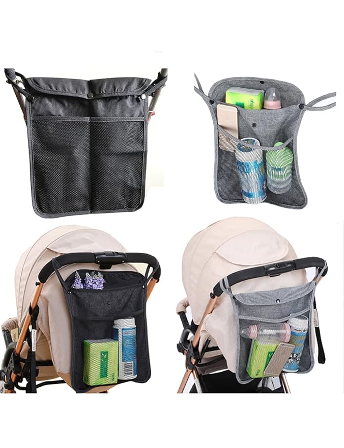 2PCS Pack Baby Stroller Organizer, Umbrella Stroller Organizer,Two compartment,with front mesh pockets, holder for water bottles, diapers wipes and folded up when folded the stroller. (Black+Grey)