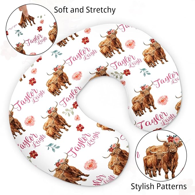 Baby Nursing Pillow Cover - Personalized Name Breastfeeding Pillow Cover with Highlands Cattle Pattern, Stretchy Removable U-Shaped for New Moms, Soft Breathable Slipcover for Infant Boys Girls