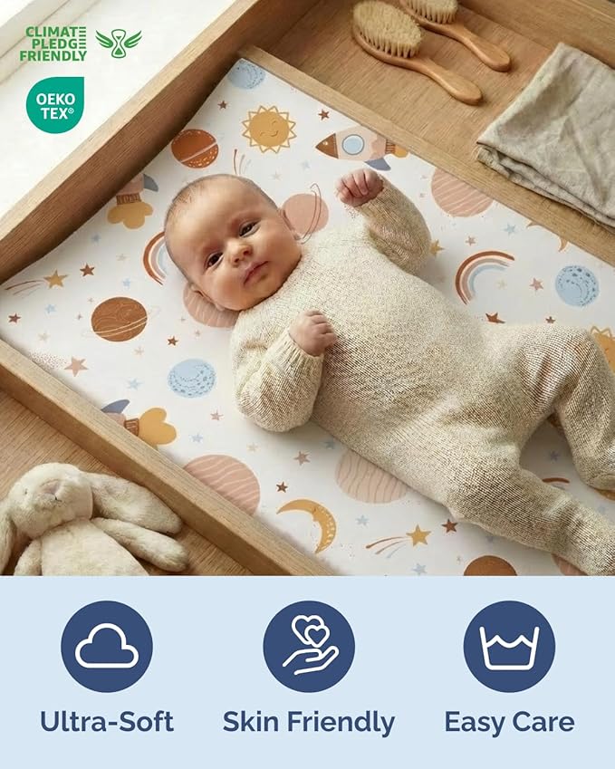 Changing Pad Cover - Pack of 2 Soft Unisex Diaper Change Microfiber Table Sheets - Fits 32"x16" Contoured Pad - Changing Pad Cover for Baby Boys & Girls - Snug, Machine Washable - Oeko-Tex, Space Boy