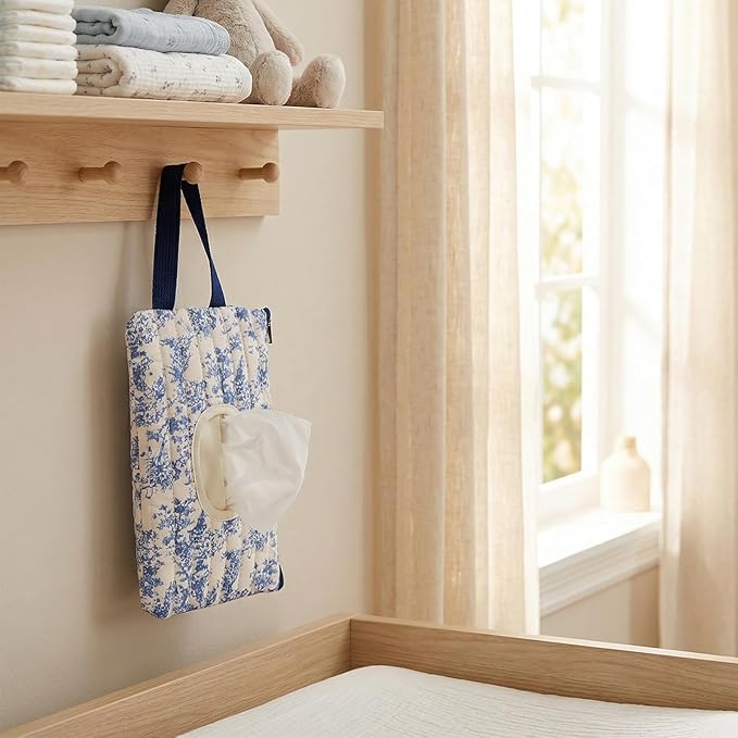 Quilted Baby Wipe Holder, Canvas Floral Quilted Pouch with Hanging Strap, Portable Diaper Wipe Holder for Travel Stroller-Classic Blue