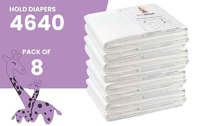 Refills Compatible with DEKOR PLUS Diaper Pail Refills | 8 Pack | Diaper Pail Odor Eliminator| Fresh Powder Scent | Each Diaper Bag Refill Holds up to 4640 Diapers | Diaper bin refill